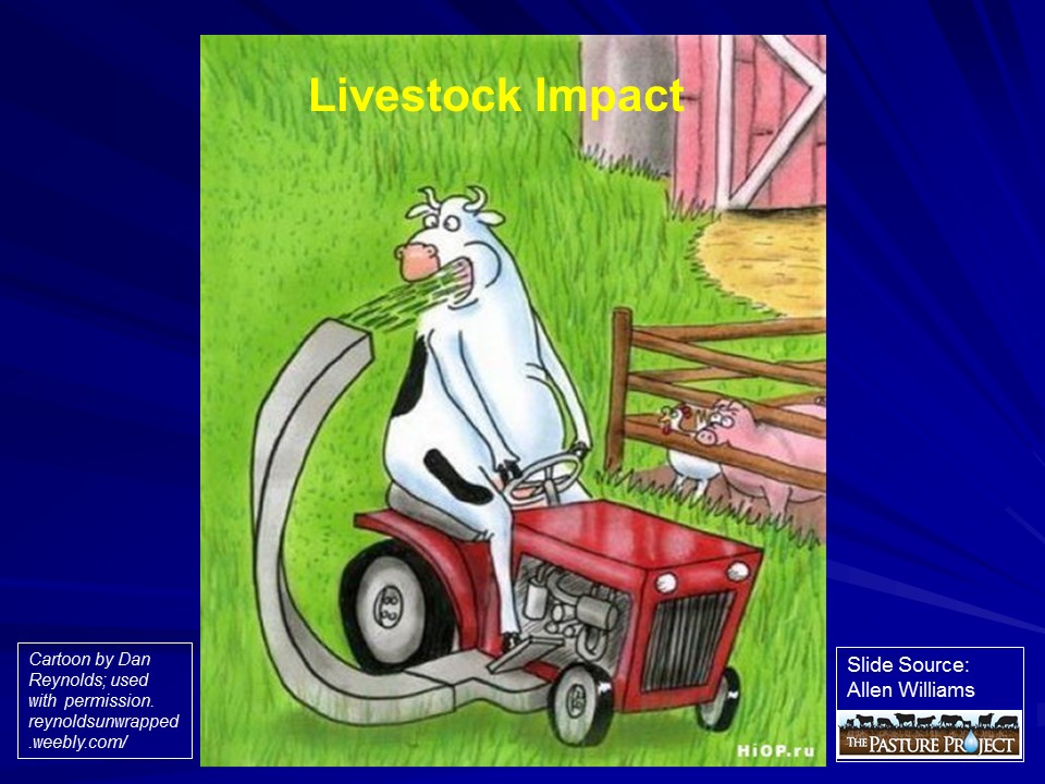 Dan Reynolds cartoon of cow on riding lawnmower
