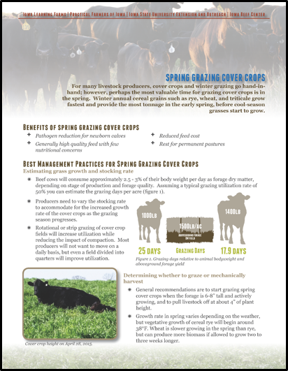 front page for Spring Grazing Fact Sheet from PFI, Iowa Learning Farms, Iowa Beef Center